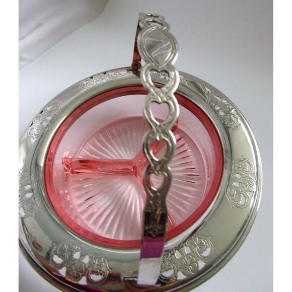 VTG Pink Depression GLASS Divided DISH W/HANDLE Candy/NUT FARBERWARE Silver Rim - Picture 6 of 16